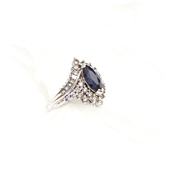 Natural Marquis Cut Sapphire And Diamonds 925 Silver Ring - Picture 2 of 3